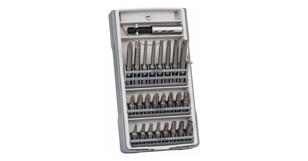 Wochenendangebot BOSCH Satz Schraubbits, 25-teilig PH1, PH2 (2x25 mm), PH3, PZ1, PZ2 (2x25 mm), PZ3, T10, T15, T20 (2x25 mm), T25, T27, T30, T40, T10, T15, T20, T25, T30, T40, PH2 (1x49 mm), PZ2 (1x49 mm), Bithalter 2607017037
