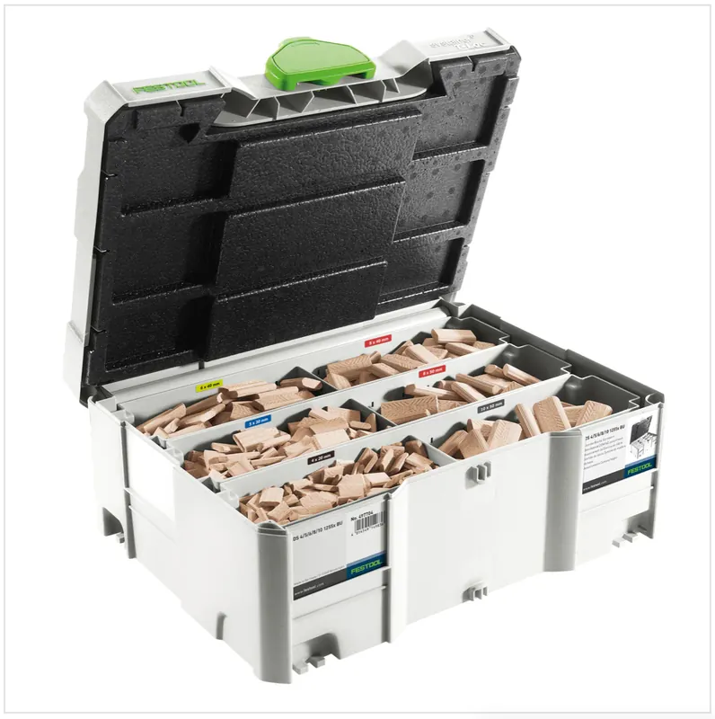 Kracherpreis Festool Domino Buche Sortiment DS 4/5/6/8/10 1060x BU ( 498899 ) mit Domino Fräsern und Domino Dübeln im Systainer
