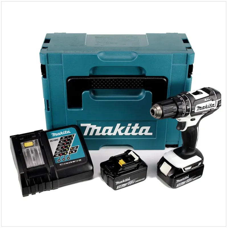 Begrenztes Angebot Makita DHP 482 RFJ W Akku Schlagbohrschrauber 18V 62Nm + 2x Akkus 3,0Ah + Ladegerät + Makpac
