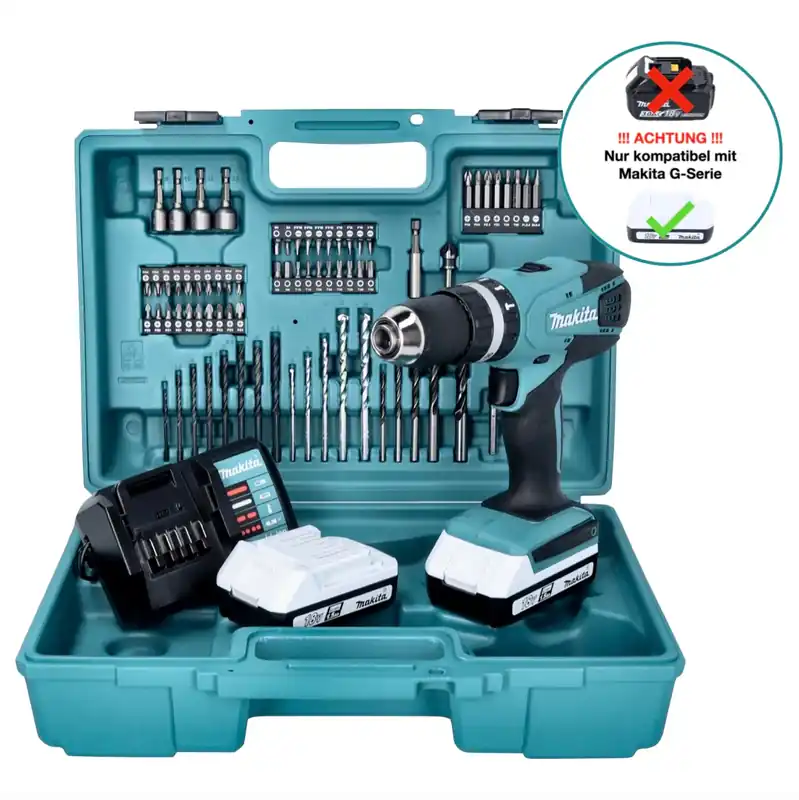 Makita HP 457 DWE10 Akku Schlagbohrschrauber 18 V 42 Nm G-Serie + 2x Akku 1,5 Ah + Ladegerät + 74 tlg. Bit Bohrer Set + Koffer Meistverkauft