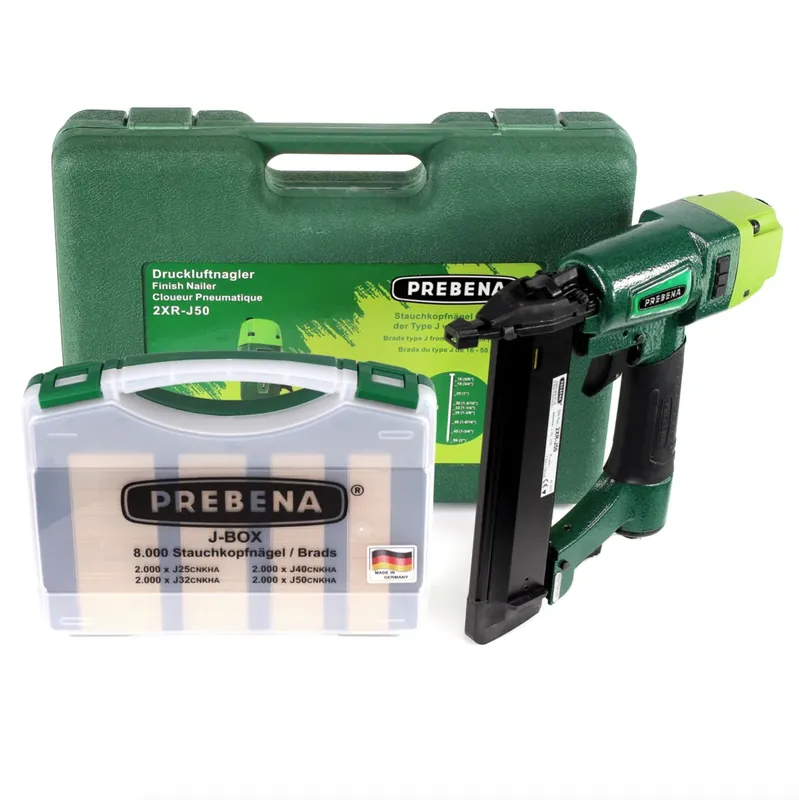 Top-Angebot Prebena 2XR-J50 Luftdruck Druckluftnagler im Transportkoffer + J-BOX 8.000 Stauchkopfnägel / Brads