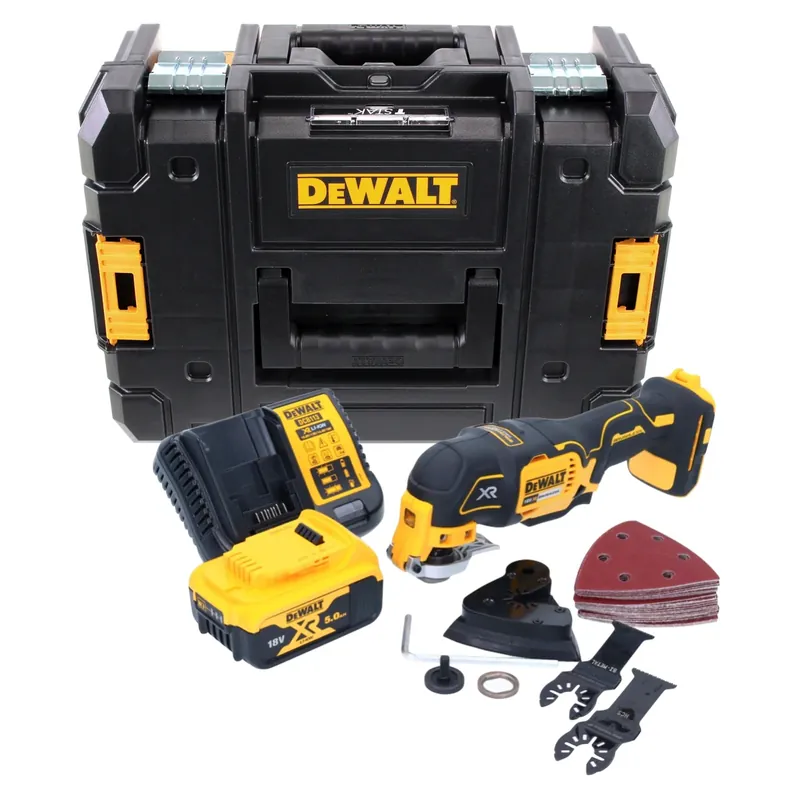 DeWalt DCS 355 P1 Akku Oszillierer Multitool 18 V Brushless + 1x Akku 5,0 Ah + Ladegerät + Zubehör + TSTAK Neue Kollektion