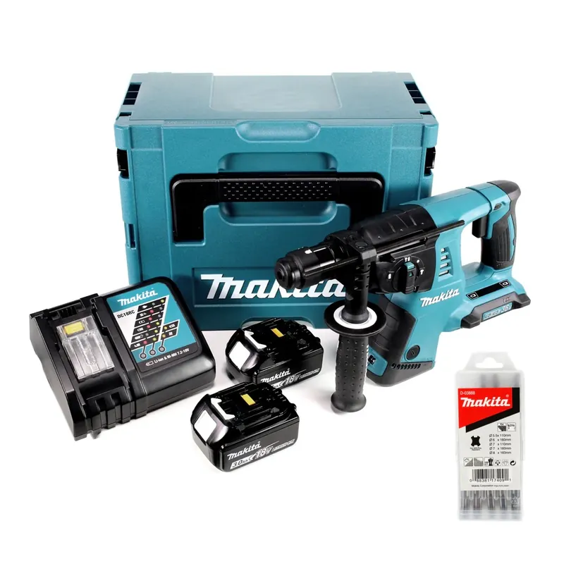 Kracherpreis Makita DHR 264 2 x 18 V / 36 V Li-Ion SDS Plus Akku-Bohrhammer in Makpac 4 mit Einlage + 2 x 3,0 Ah Akku + 1 x Ladegerät + 5 Bohrer
