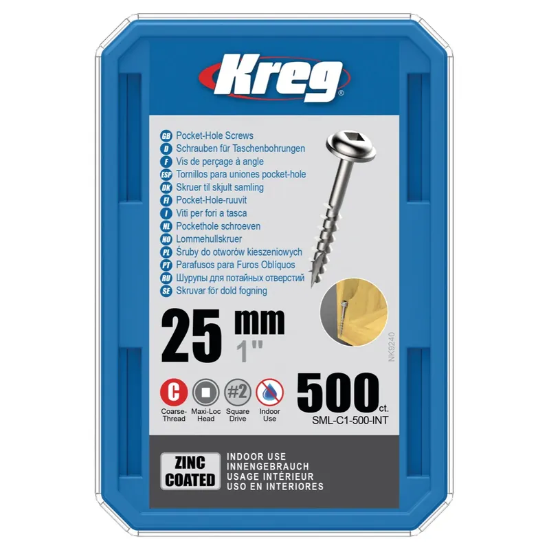 KREG Pocket-Hole Zylinderkopfschraube 25 mm 500 Stk ( SML-C1-500 ) Vierkantantrieb Teilgewinde Grobgewinde selbstschneidend verzinkt Highlight