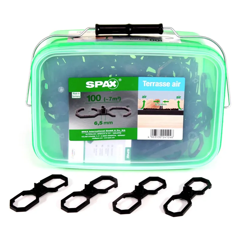 SPAX Terasse Air Abstandshalter 6,5 mm Belüftung für Holzdielen Terasse L 100 Stück in Henkelbox ( 5009422565009 ) Preisknaller