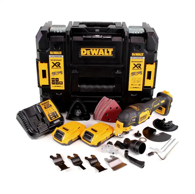 DeWalt DCS 356 D2 Akku Multitool 18 V Brushless + 2x Akku 2,0 Ah + Ladegerät + 19 tlg. Zubehör + TSTAK Preisreduziert