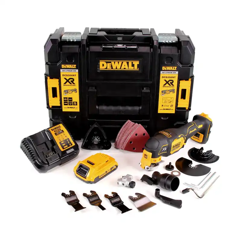 Bestseller DeWalt DCS 356 D1 Akku Multitool 18 V Brushless + 1x Akku 2,0 Ah + Ladegerät + 19 tlg. Zubehör + TSTAK