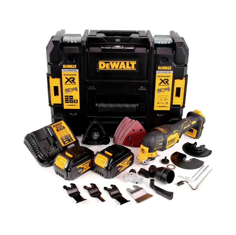 DeWalt DCS 356 M2 Akku Multitool 18 V Brushless + 2x Akku 4,0 Ah + Ladegerät + 19 tlg. Zubehör + TSTAK Garantierte Lieferung