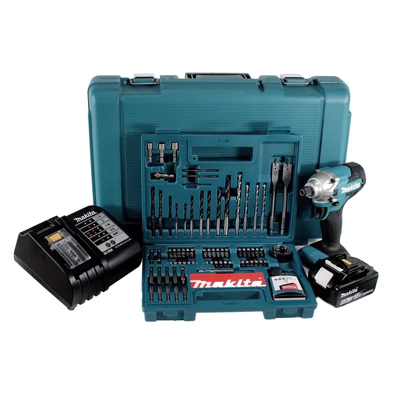 Ausverkauf Makita DTD 156 SGK Akku Schlagschrauber 18V 155Nm 1/4" + 1x Akku 6,0Ah + Ladegerät + 100 tlg. Bit Bohrer Set + Koffer
