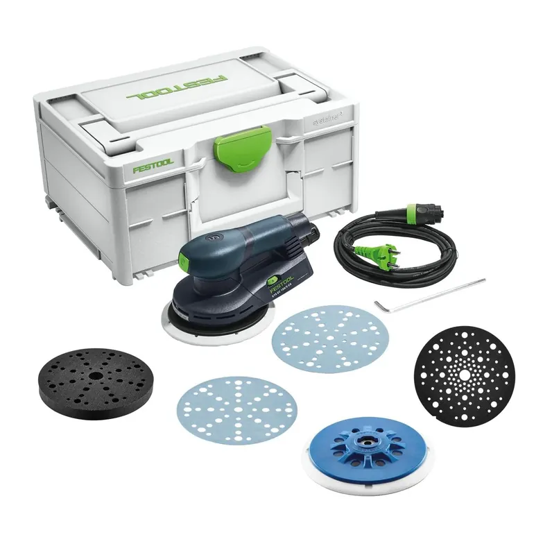 Festool ETS EC 150/5 EQ-Plus Exzenterschleifer 400 W 150 mm Brushless + 250x Schleifscheibe + 2x Protection Pad + Interface Pad + Schleifteller + systainer Preiswert