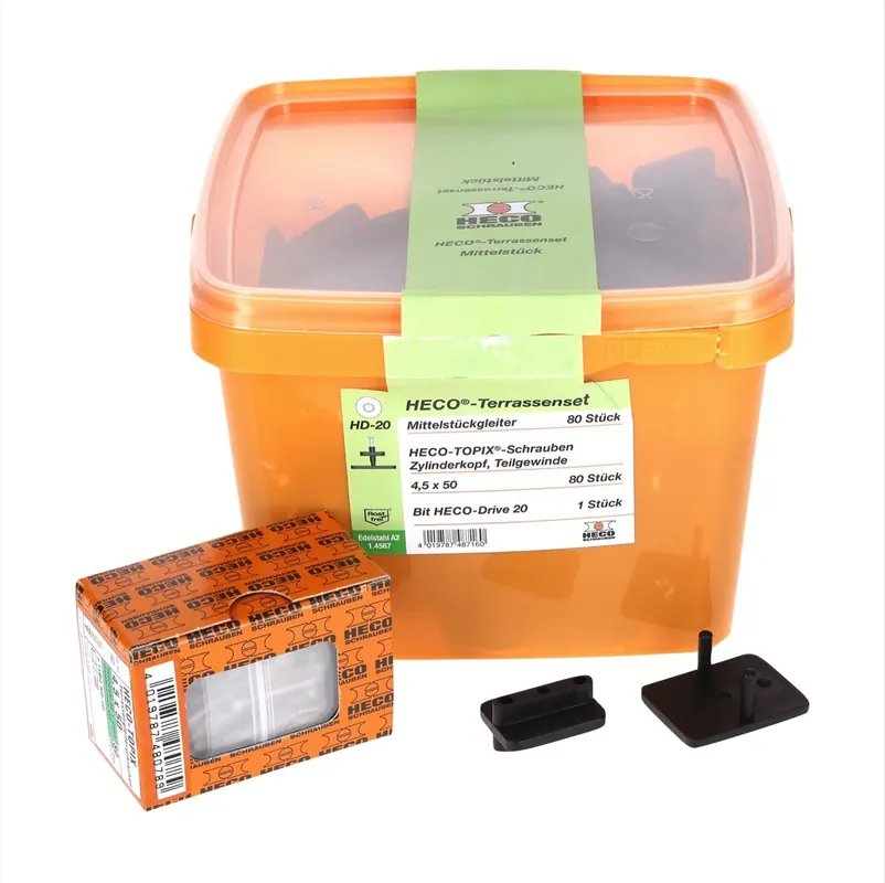 Zertifiziert HECO Terrassengleiterset Mittelstück 80 tlg. ( 48716 ) mit HECO TOPIX 4,5 x 50 mm HD 20 Schrauben Set in Kunststoffbox