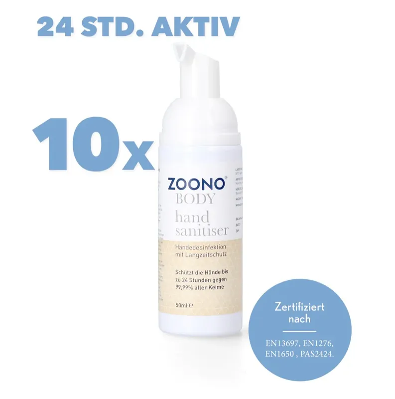 Zoono Germfree24 Handdesinfektion 10x 50 ml Schutz bis zu 24 Std. gegen 99,99 % aller Keime ( Zertifiziert nach PAS 2424 / EN13697 / EN1276 / EN1650 ) Finale Aktion