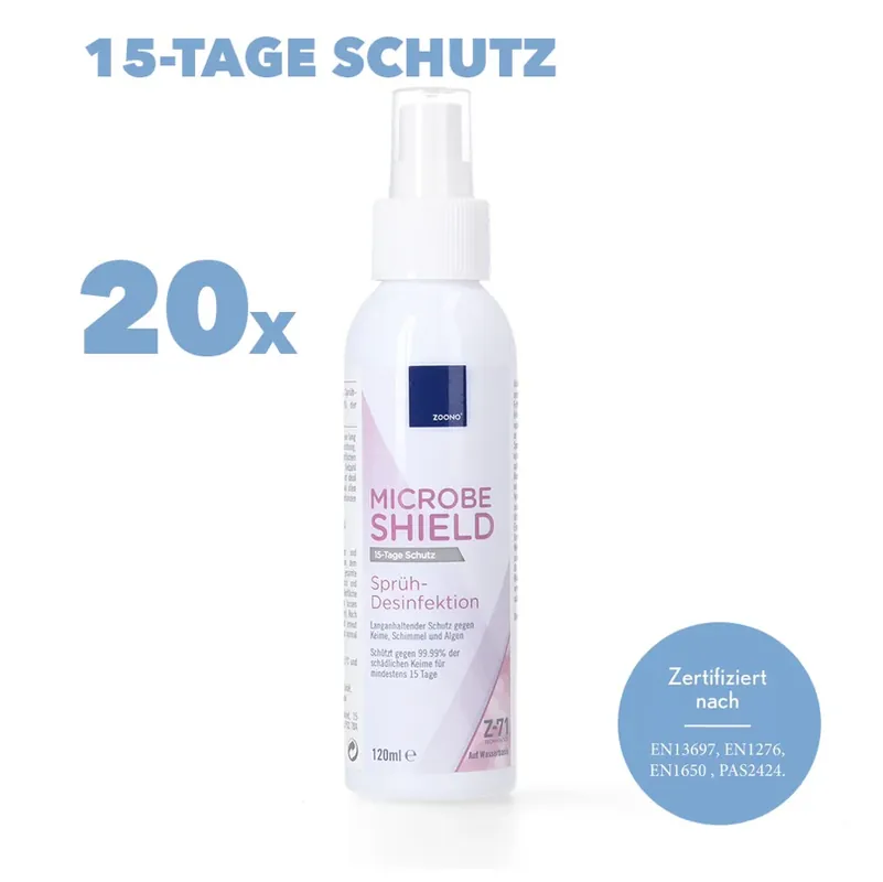 Super-Preis Zoono Z-71 Micobe Shield 20x Flächendesinfektionsmittel 120 ml Schutz für mind. 15 Tage auf Oberflächen gegen 99,99 % aller Keime ( Zertifiziert nach PAS 2424 / EN13697 / EN1276 / EN1650 )
