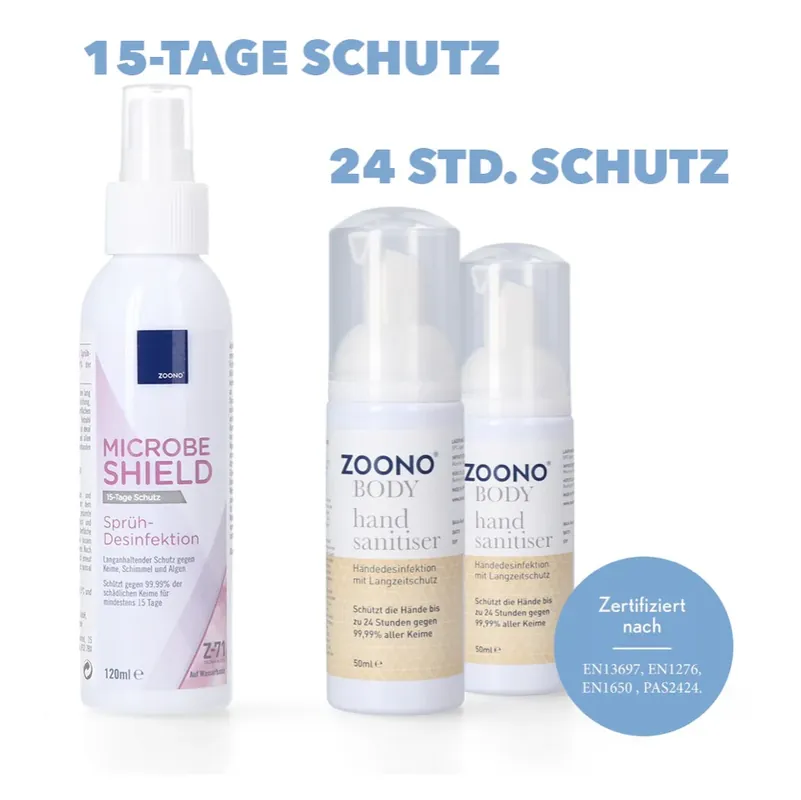 Angebot Zoono Desinfektions Set 1x Z-71 Micobe Shield Flächendesinfektionsmittel 120 ml + 2x Handdesinfektion 50 ml ( Zertifiziert nach PAS 2424 / EN13697 / EN1276 / EN1650 )