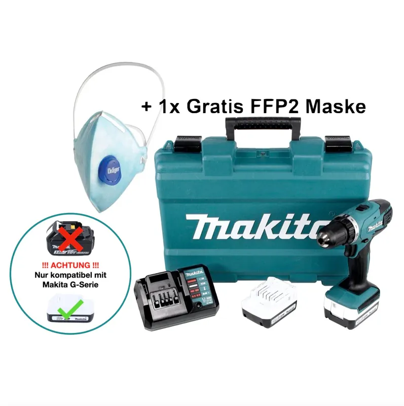 Makita DF 347 DWE Akku Bohrschrauber 14,4 V 30 Nm G-Serie + 2x Akku 1,5 Ah + Ladegerät + 1x FFP2 Maske + Koffer Sofort Bestellen