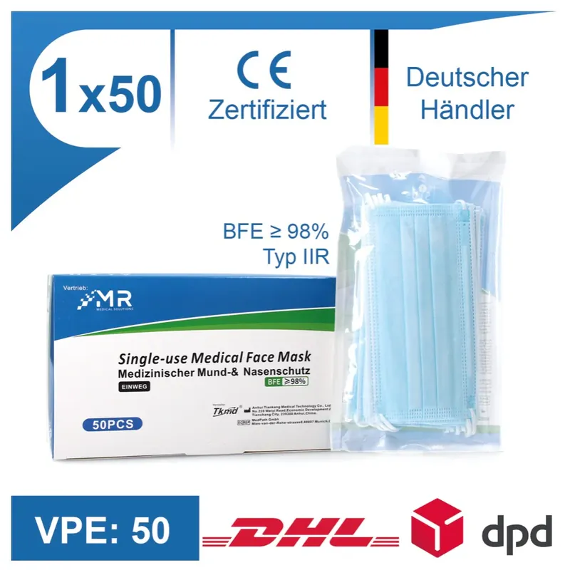 MR Solutions 50x Medizinischer Mund Atem Nasen Schutz Filtration BFE 98 % EN 14683:2019+AC:2019 Typ IIR OP Maske 3 lagig Super-Preis