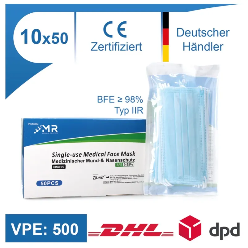 Sale MR Solutions Medizinischer Mund Nasenschutz 500 Stk. Filtration BFE 98 % EN 14683:2019+AC:2019 Typ IIR 3 lagige OP Maske