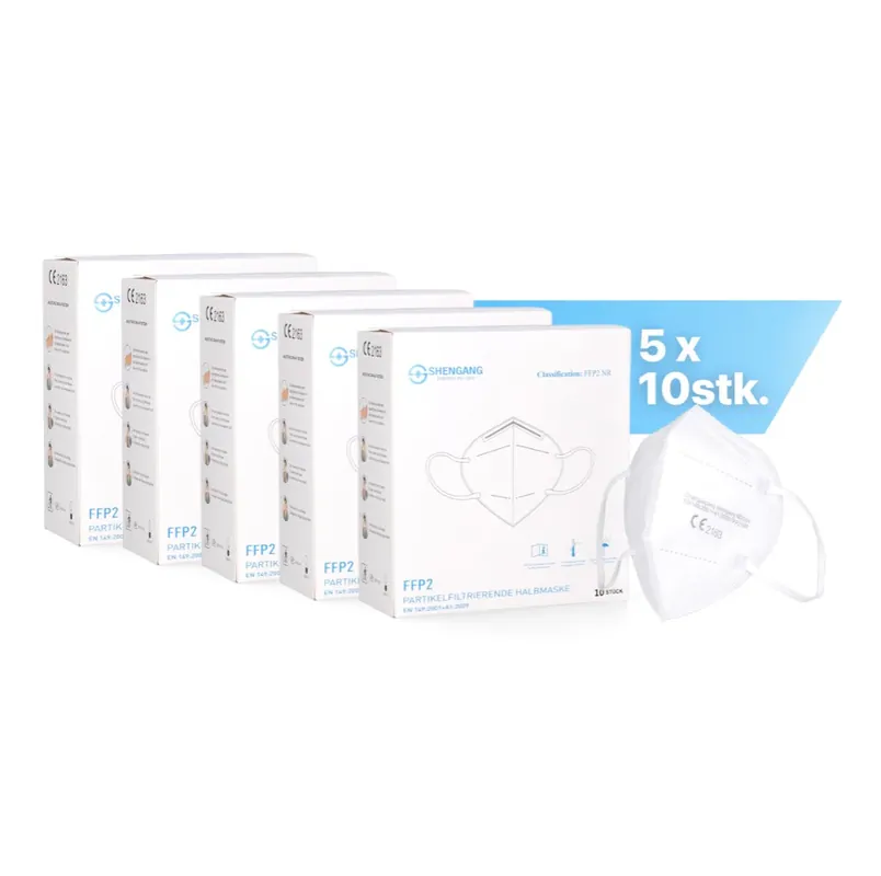 Shengang 50x FFP2 Maske CE zertifiziert Apotheken konform Mund Atem Nasen Schutz 5-Lagig ISO9001:2015 / EN149 2001 A1:2009 Billig
