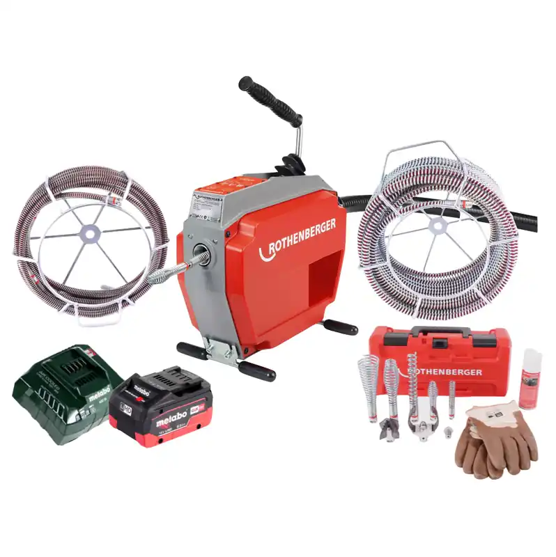 Echt Rothenberger R600 VarioClean Akku Rohrreinigungsmaschine 18 V + 1x Akku 8,0 Ah + Ladegerät + Spiral Werkzeug Set DuraFlex ( 1000003346 )