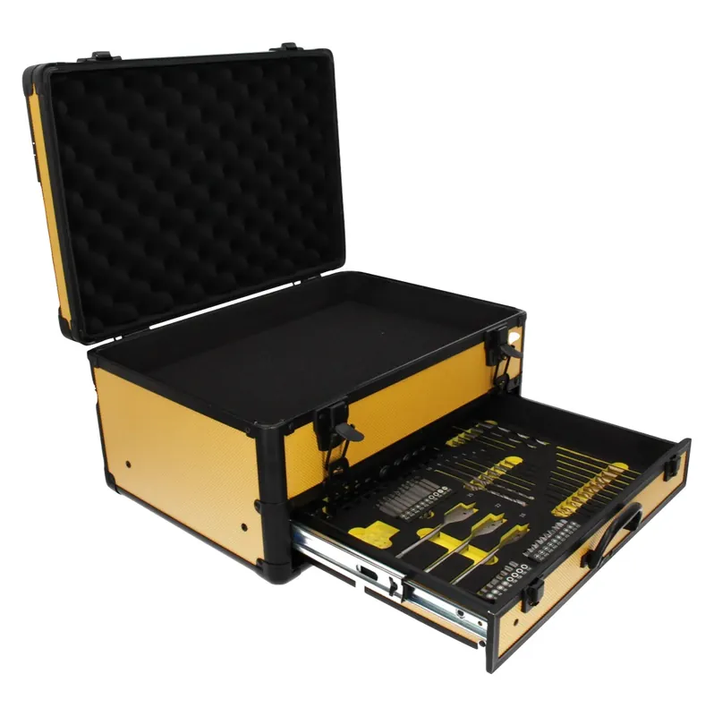 Toolbrothers TX Alu Werkzeug Koffer gelb für Akku Schlagschrauber und Schlagbohrschrauber + 70 tlg. Bit Bohrer Set + Würfelschaum Einlage Markenware