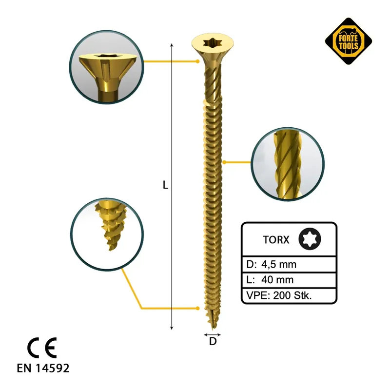 FORTE Tools Universal Holzschraube 4,5 x 40 mm T20 200 Stk. ( 000051399478 ) gelb verzinkt Torx Senkkopf Vollgewinde Direktkauf