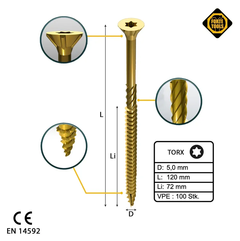 FORTE Tools Universal Holzschraube 5,0 x 120 mm T25 100 Stk. ( 000051399484 ) gelb verzinkt Torx Senkkopf Teilgewinde Bestseller
