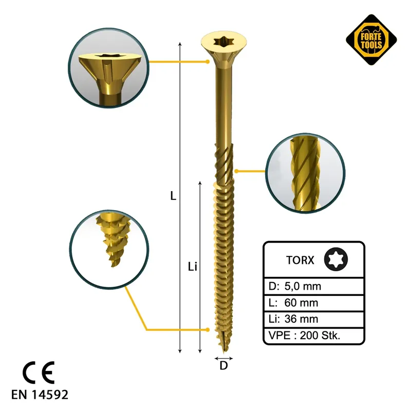 Highlight FORTE Tools Universal Holzschraube 5,0 x 60 mm T25 200 Stk. ( 000051399487 ) gelb verzinkt Torx Senkkopf Teilgewinde