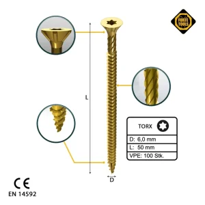 Letzte Chance FORTE Tools Universal Holzschraube 6,0 x 50 mm T30 100 Stk. ( 000051399493 ) gelb verzinkt Torx Senkkopf Vollgewinde