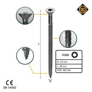 FORTE Tools Universal Holzschraube 3,0 x 30 mm T10 500 Stk. ( 000040113859 ) silber verzinkt Torx Senkkopf Vollgewinde Bestpreis