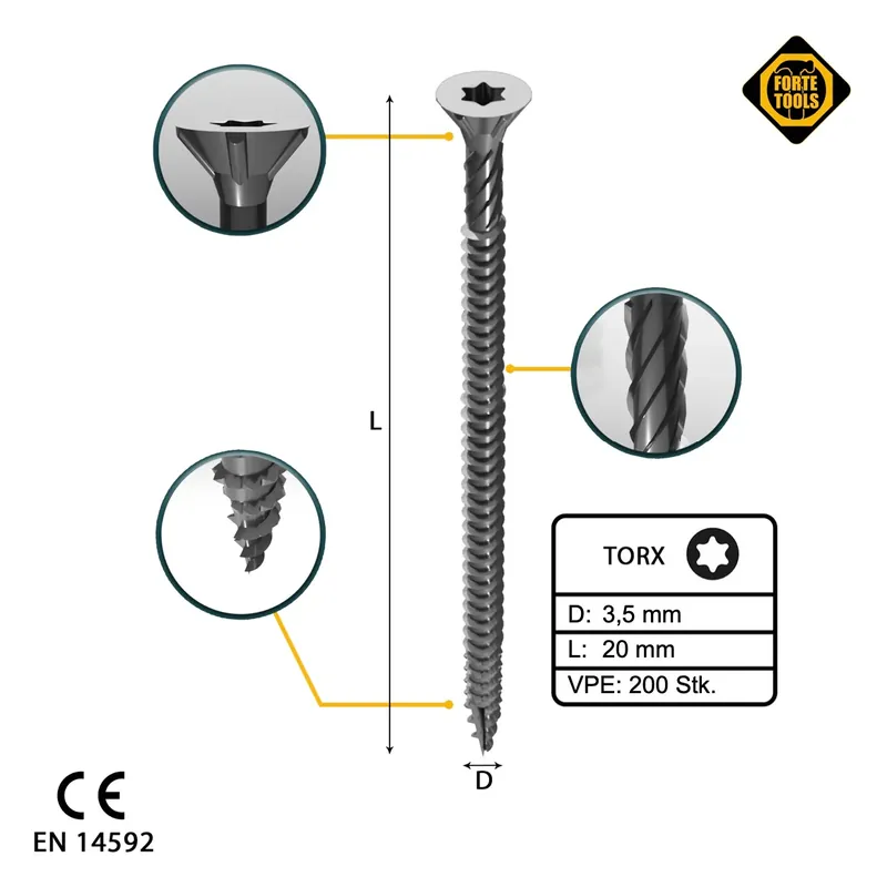 Zertifiziert FORTE Tools Universal Holzschraube 3,5 x 20 mm T15 200 Stk. ( 000040113861 ) silber verzinkt Torx Senkkopf Vollgewinde