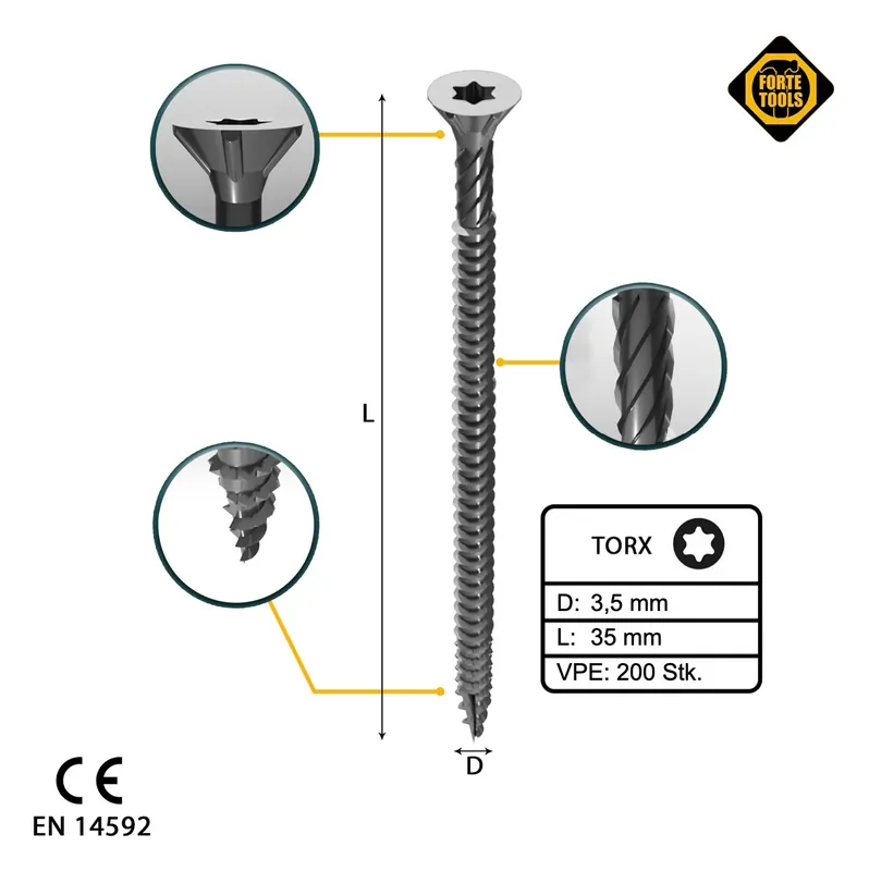 Begrenztes Angebot FORTE Tools Universal Holzschraube 3,5 x 35 mm T15 200 Stk. ( 000040113864 ) silber verzinkt Torx Senkkopf Vollgewinde