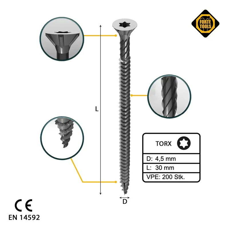 Kracherpreis FORTE Tools Universal Holzschraube 4,5 x 30 mm T20 200 Stk. ( 000040113872 ) silber verzinkt Torx Senkkopf Vollgewinde