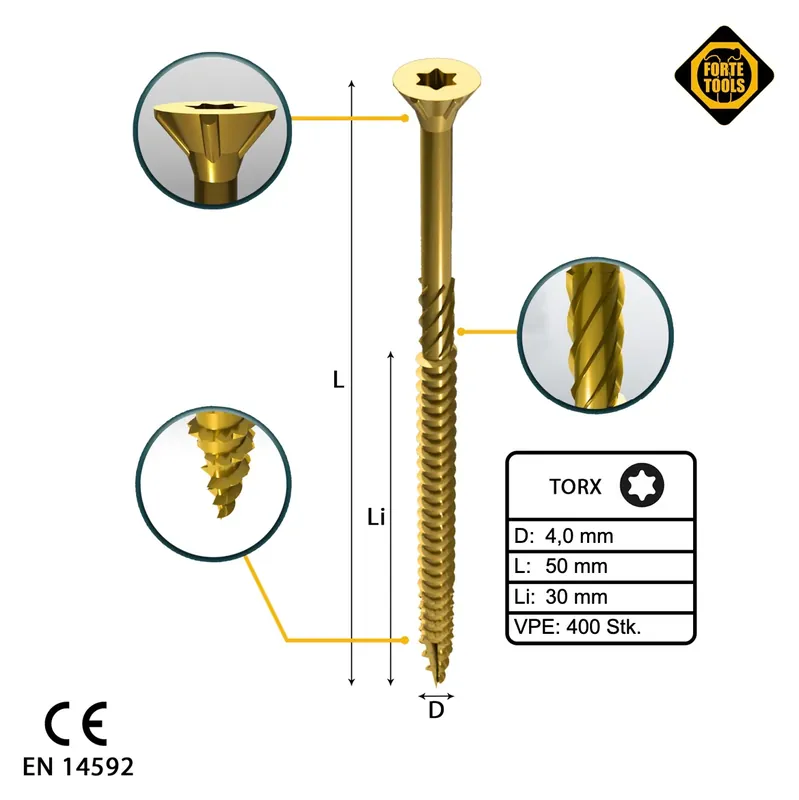Billig FORTE Tools Universal Holzschraube 4,0 x 50 mm T20 400 Stk. ( 2x 000051399475 ) gelb verzinkt Torx Senkkopf Teilgewinde