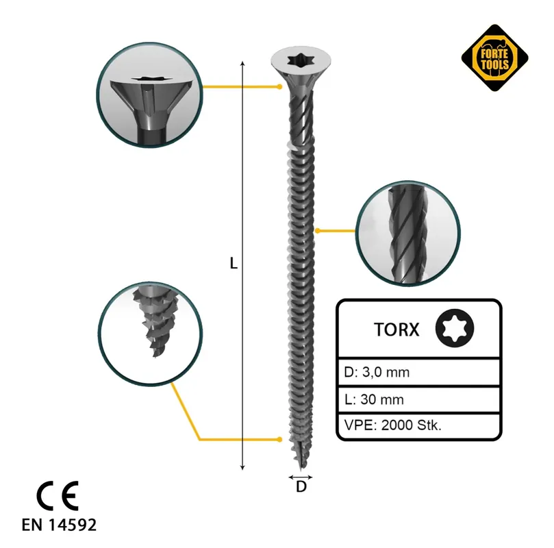 FORTE Tools Universal Holzschraube 3,0 x 30 mm T10 2000 Stk. ( 4x 000040113859 ) silber verzinkt Torx Senkkopf Vollgewinde Angebot
