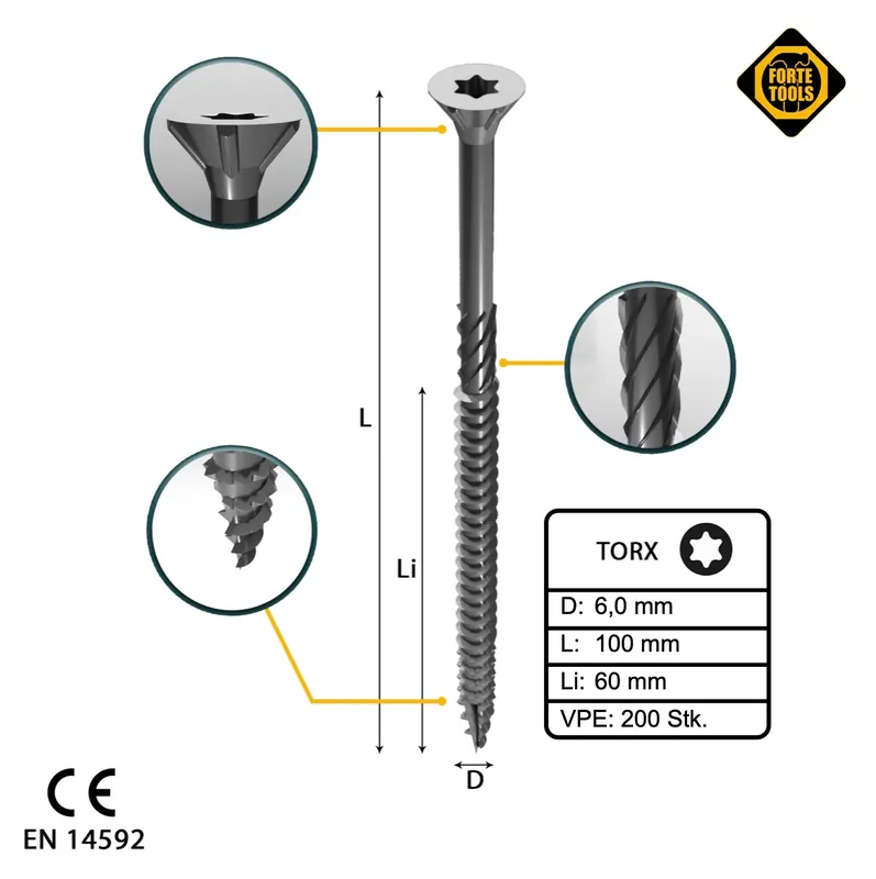 FORTE Tools Universal Holzschraube 6,0 x 100 mm T30 200 Stk. ( 2x 000040113886 ) silber verzinkt Torx Senkkopf Teilgewinde Sale