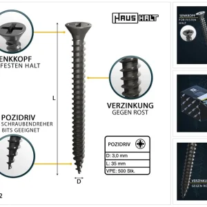 HausHalt Universal Holzbauschraube Holzschraube 3,0 x 35 mm PZ1 500 Stk. ( 000051371099 ) silber verzinkt Kreuzschlitz Pozidriv Senkkopf Vollgewinde Mega-Angebot