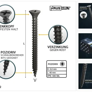 Echt HausHalt Universal Holzbauschraube Holzschraube 3,0 x 40 mm PZ1 500 Stk. ( 000051371100 ) silber verzinkt Kreuzschlitz Pozidriv Senkkopf Vollgewinde