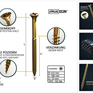 Geprüft HausHalt Universal Holzbauschraube Holzschraube 6,0 x 160 mm PZ3 100 Stk. ( 000051371220 ) gelb verzinkt Kreuzschlitz Pozidriv Senkkopf Teilgewinde