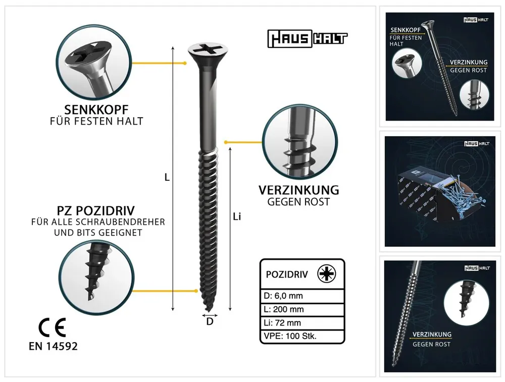 Nur Für Kurze Zeit HausHalt Universal Holzbauschraube Holzschraube 6,0 x 200 mm PZ3 100 Stk. ( 000051371223 ) silber verzinkt Kreuzschlitz Pozidriv Senkkopf Teilgewinde