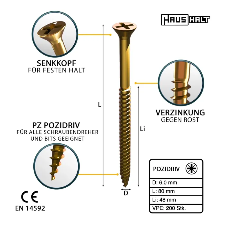 HausHalt Universal Holzbauschraube Holzschraube 6,0 x 80 mm PZ3 200 Stk. ( 000051371233 ) gelb verzinkt Kreuzschlitz Pozidriv Senkkopf Teilgewinde Preiswert