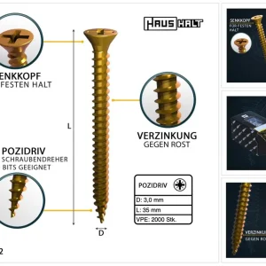 Finale Aktion HausHalt Universal Holzbauschraube Holzschraube 3,0 x 35 mm PZ1 2000 Stk. ( 4x 000051371128 ) gelb verzinkt Kreuzschlitz Pozidriv Senkkopf Vollgewinde