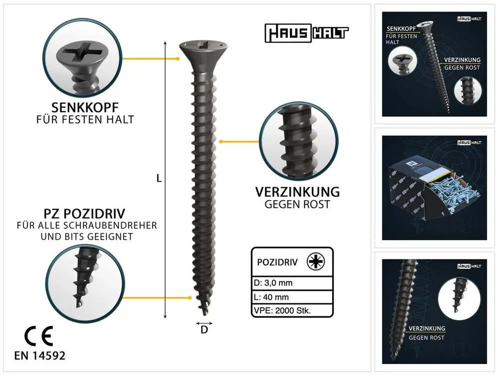 HausHalt Universal Holzbauschraube Holzschraube 3,0 x 40 mm PZ1 2000 Stk. ( 4x 000051371100 ) silber verzinkt Kreuzschlitz Pozidriv Senkkopf Vollgewinde Neue Ware