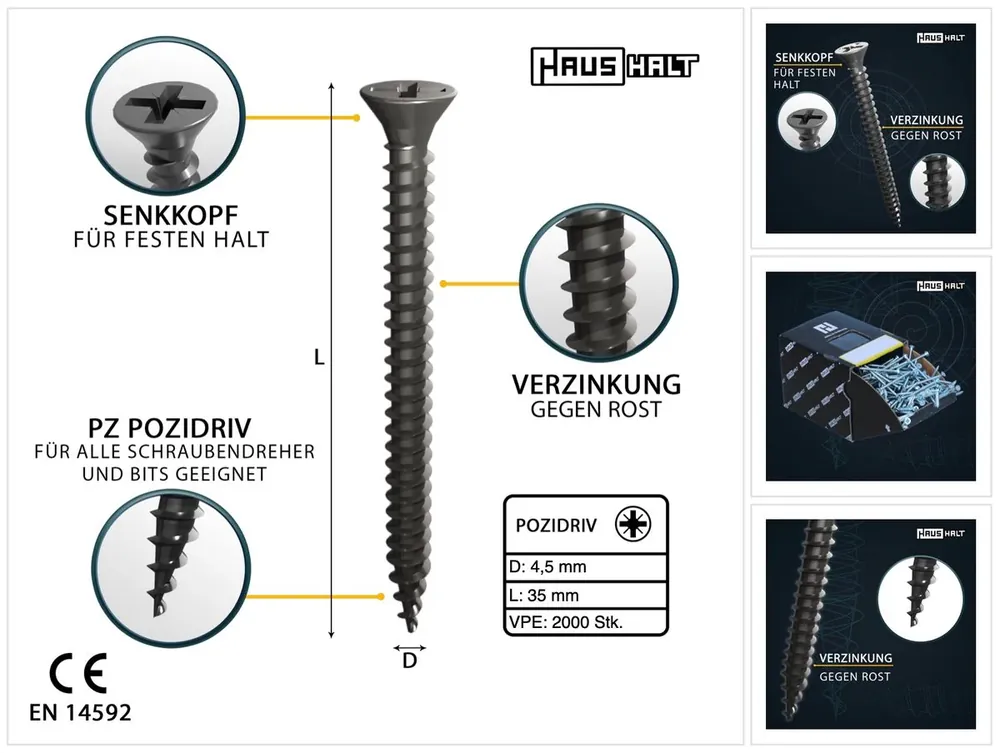 HausHalt Universal Holzbauschraube Holzschraube 4,5 x 35 mm PZ2 2000 Stk. ( 4x 000051371164 ) silber verzinkt Kreuzschlitz Pozidriv Senkkopf Vollgewinde Letzte Chance
