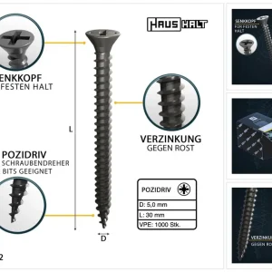 Finale Aktion HausHalt Universal Holzbauschraube Holzschraube 5,0 x 30 mm PZ2 1000 Stk. ( 2x 000051371189 ) silber verzinkt Kreuzschlitz Pozidriv Senkkopf Vollgewinde
