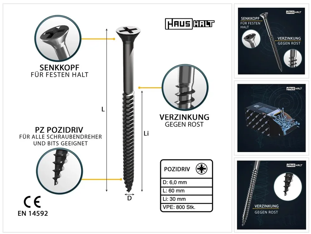HausHalt Universal Holzbauschraube Holzschraube 6,0 x 60 mm PZ3 800 Stk. ( 4x 000051371229 ) silber verzinkt Kreuzschlitz Pozidriv Senkkopf Teilgewinde Finale Aktion