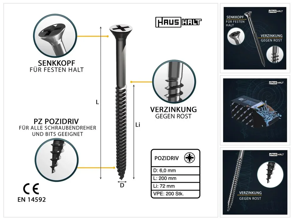 Top-Angebot HausHalt Universal Holzbauschraube Holzschraube 6,0 x 200 mm PZ3 200 Stk. ( 2x 000051371223 ) silber verzinkt Kreuzschlitz Pozidriv Senkkopf Teilgewinde
