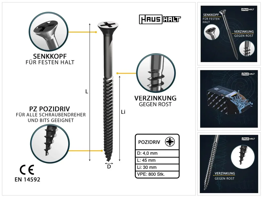 HausHalt Universal Holzbauschraube Holzschraube 4,0 x 45 mm PZ2 800 Stk. ( 2x 000051371117 ) silber verzinkt Kreuzschlitz Pozidriv Senkkopf Teilgewinde Sale