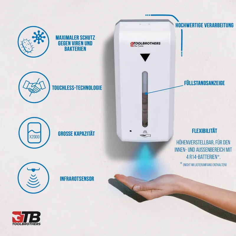 Toolbrothers kontaktloser automatischer Desinfektionsspender Sensor zur Wandmontage, 1000ml Tank, Netz- und Batteriebetrieb für öffentliche Einrichtungen Rabatt