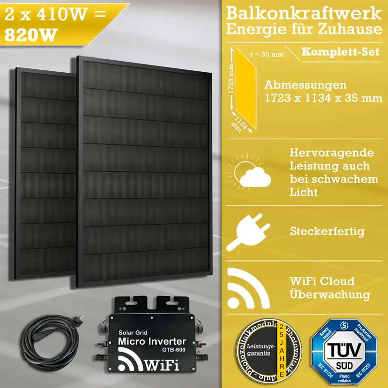 Garantierte Lieferung 820W/600W Balkonkraftwerk Photovoltaikanlage, 2x Photovoltaik-Modul ( 2x 410W ) + Wechselrichter ( 600W ) mit WiFi-Funktion Steckerfertig Schwarz