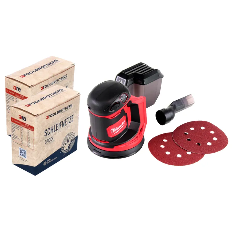 2x Toolbrothers SPIDER Schleifnetz-Set 125mm + Milwaukee M18 BOS125-0 Akku Exzenterschleifer 18V 125mm Solo - ohne Akku, ohne Ladegerät Preis Gesenkt